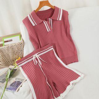 Set: Sleeveless Collared Knit Top + Shorts