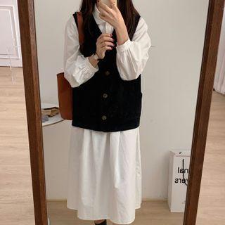 V-neck Sweater Vest / Midi A-line Shirtdress