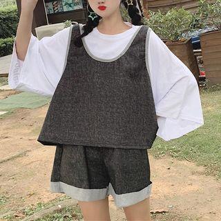 Plain Loose-fit T-shirt / Set: Piped Vest + Shorts