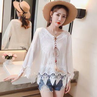 Long-sleeve Perforated Trim Lace-up Top White - One Size
