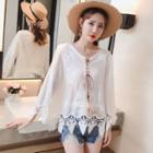 Long-sleeve Perforated Trim Lace-up Top White - One Size