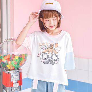 Printed Color Block Elbow-sleeve T-shirt