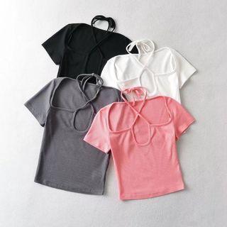 Halter-neck Cross-strap Short Sleeve Plain Crop Top