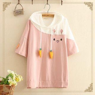 Rabbit Print Two-tone Hooded Short-sleeve Top