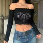 Long-sleeve Off-shoulder Heart Print Crop Top