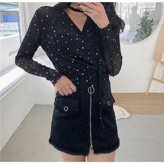 Star Print Long-sleeve Choker Top