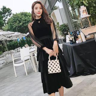 3/4-sleeve Velvet Tiered Midi Dress