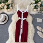 Contrast Trim Wide Strap Slit Midi Sheath Dress