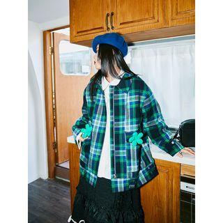 Floral-accent Plaid Zip Jacket