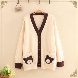 Contrast-trim Bear Jacquard Cardigan