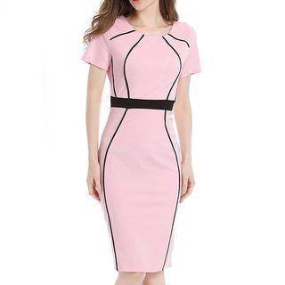 Contrast Trim Short-sleeve Midi Sheath Dress