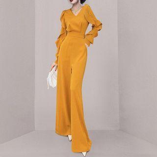 Long-sleeve Ruffled Wide Leg Jumpsuit