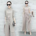 Set: Sleeveless Top + Wide Leg Pants + Long Cardigan