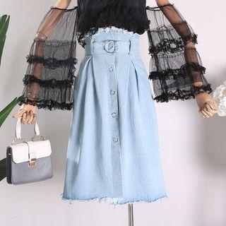 High Waist A-line Denim Skirt Dark Blue - S