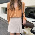 Plain Single-breasted V-neck Long-sleeve Knit Cardigan