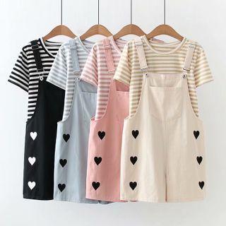 Set: Short-sleeve Striped T-shirt + Heart Print Jumper Shorts