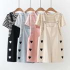 Set: Short-sleeve Striped T-shirt + Heart Print Jumper Shorts