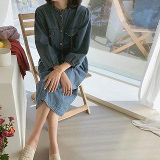 Balloon-sleeve Flap Long Denim Dress