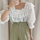 Elbow-sleeve Lace Panel Blouse White - One Size