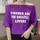 Lettering Ripped Off Shoulder Elbow Sleeve T-shirt