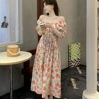 Short-sleeve Floral Cold Shoulder Top / Midi A-line Dress