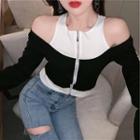Long-sleeve Cold-shoulder Two-tone T-shirt Black & White - One Size