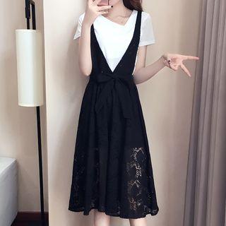 Set: Short-sleeve T-shirt + A-line Lace Dress
