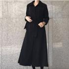 Polo Collar Long-sleeve Midi A-line Dress Black - One Size