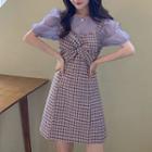 Set: Plaid A-line Overall Dress + Puff-sleeve Blouse