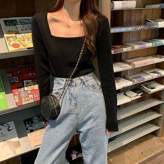 Long-sleeve Square Neck Plain Knit Top