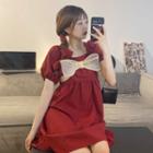 Short-sleeve Bow A-line Dress Wine Red - One Size
