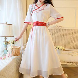 Traditional Chinese Elbow-sleeve Embroidered Chiffon A-line Midi Dress