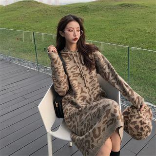 Leopard Print Hooded Knit Midi Dress