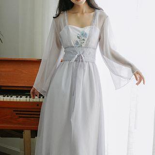Embroidered Long-sleeve Tie-waist Midi A-line Dress