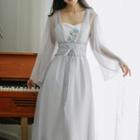 Embroidered Long-sleeve Tie-waist Midi A-line Dress