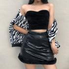 Fluffy Trim Faux Leather Mini A-line Skirt