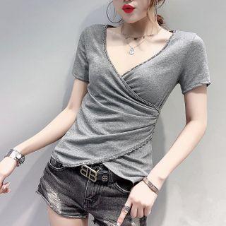 Short-sleeve Embellished Wrap T-shirt