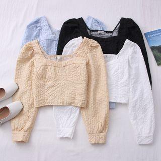Embossed Puff-sleeve Crop Top