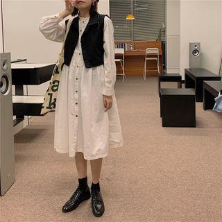 Long-sleeve Plain Ruffle Trim Midi Dress / Plain Vest