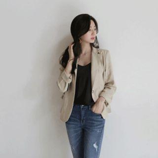 Contrast-trim Sleeve Linen Jacket