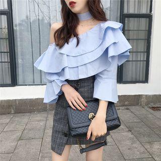 Plain Ruffle Trim Off Shoulder 3/4 Sleeve Blouse