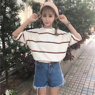 Elbow-sleeve Striped T-shirt As Shown In Figure - One Size