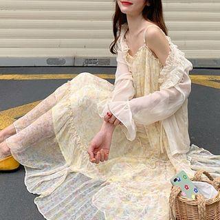 Spaghetti Strap Floral A-line Midi Dress / Light Jacket