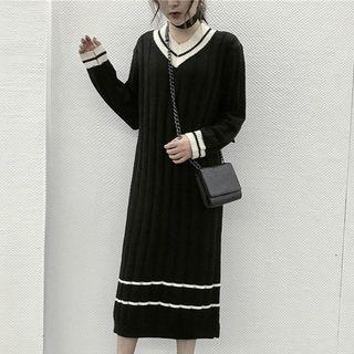 Contrast Trim V-neck Ribbed Sweater Dress
