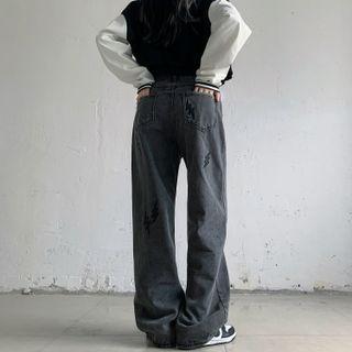Lightning Embroidered Wide Leg Jeans