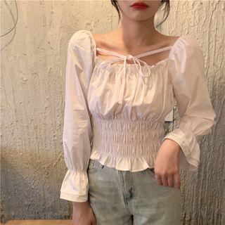 Long Sleeve Ruched Crop Blouse As Shown In Figure - One Size