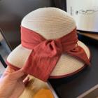 Foldable Piped Straw Bucket Hat Orange Red Bow - Beige - One Size