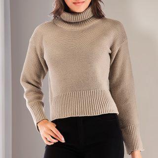 High-neck Plain Sweater Khaki - Free