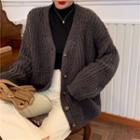 V-neck Knitted Long-sleeve Cardigan Coffee - One Size