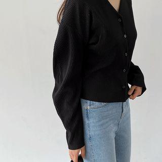 V-neck Pleated Cardigan Black - One Size